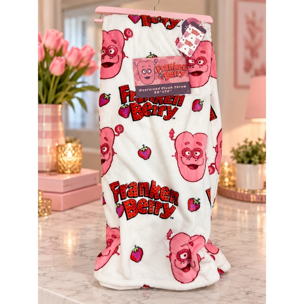 Halloween Franken Berry Oversized Plush Throw Blanket 60x70 White Pink Retro